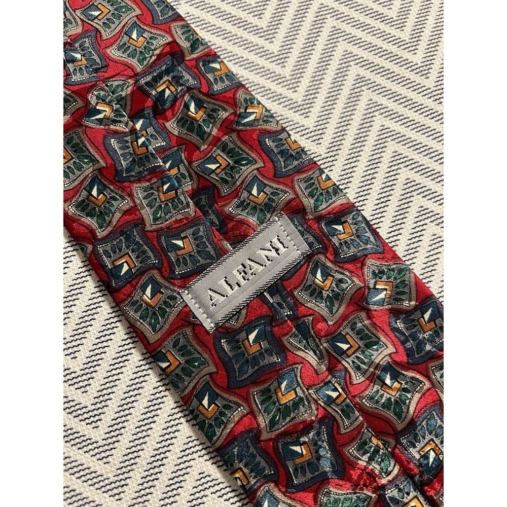 Vintage Alfani Scarf Geometric Motif Pattern Print 100% Silk Tie Necktie